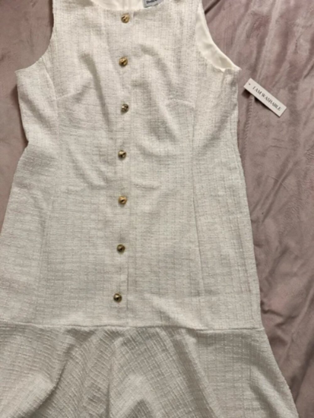 Cream dress with gold buttons tweed and flared bottom